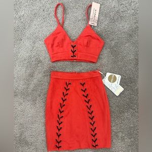 Oh Polly NEW All Eyelets On You Suede Contrast Mini Skirt and Top in Red